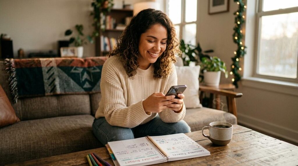Persona revisando su distribución de aguinaldo en una app de finanzas personales desde su celular