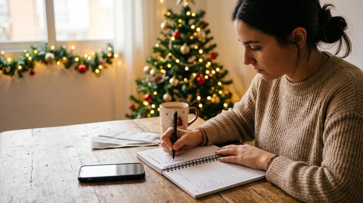 Persona escribiendo en una libreta de presupuesto junto a su teléfono celular, con decoración navideña sutil y cálida en el fondo.