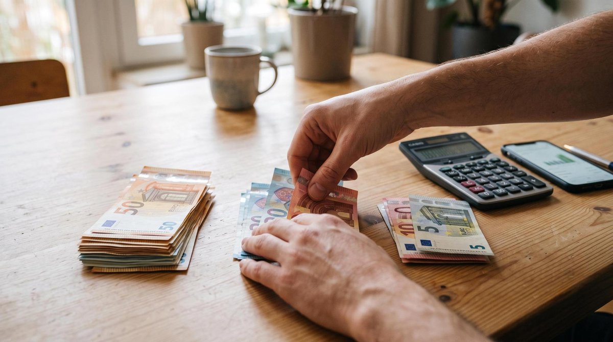Primer plano de manos organizando billetes en tres grupos sobre una mesa de madera clara, con una calculadora y un smartphone cerca.