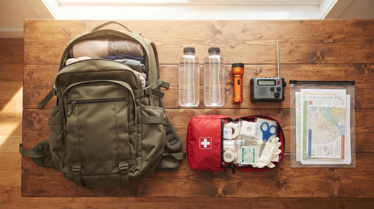 Vista de arriba de un kit de emergencia bien organizado sobre una mesa, con mochila, botellas de agua, linterna, radio portátil, y botiquín de primeros auxilios