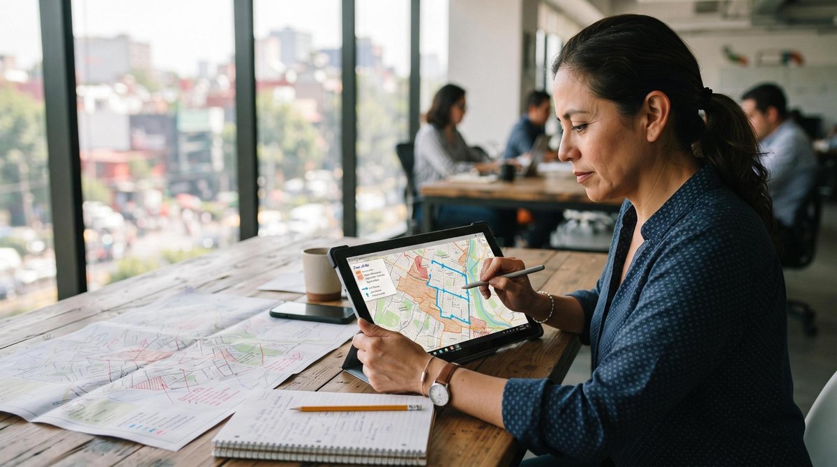 Una persona adulta revisando en una tablet un mapa digital de su localidad mexicana, identificando zonas de riesgo y rutas seguras, con notas y planos