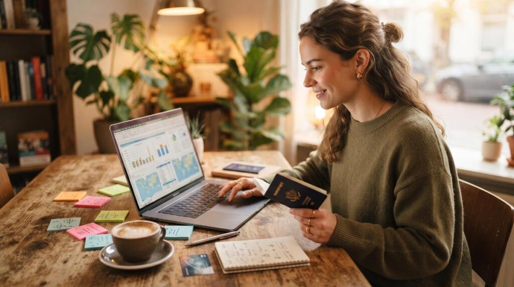 Persona revisando un plan financiero en su laptop mientras prepara sus documentos para vivir fuera por una temporada