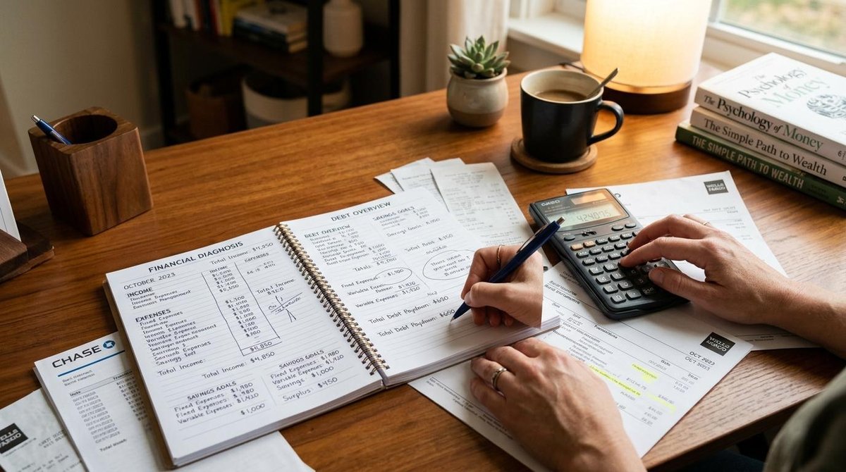 Manos escribiendo en un cuaderno de presupuesto junto a una calculadora y estados de cuenta, realizando un diagnóstico financiero en un escritorio ord