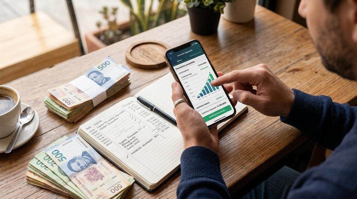 Manos de una persona navegando en una aplicación financiera móvil sobre una mesa de madera, con billetes y una libreta de presupuesto cerca, represent