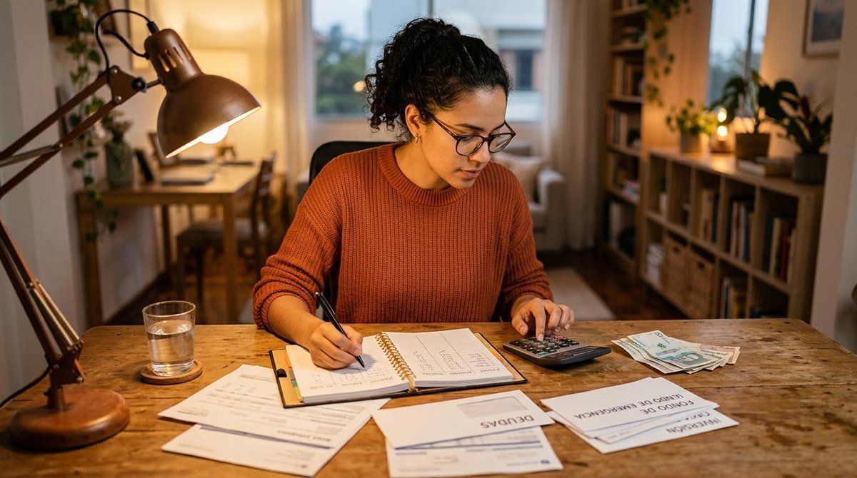 Una persona organizando sus documentos financieros y calculando sus prioridades con una calculadora y un planner, en un escritorio iluminado con tonos