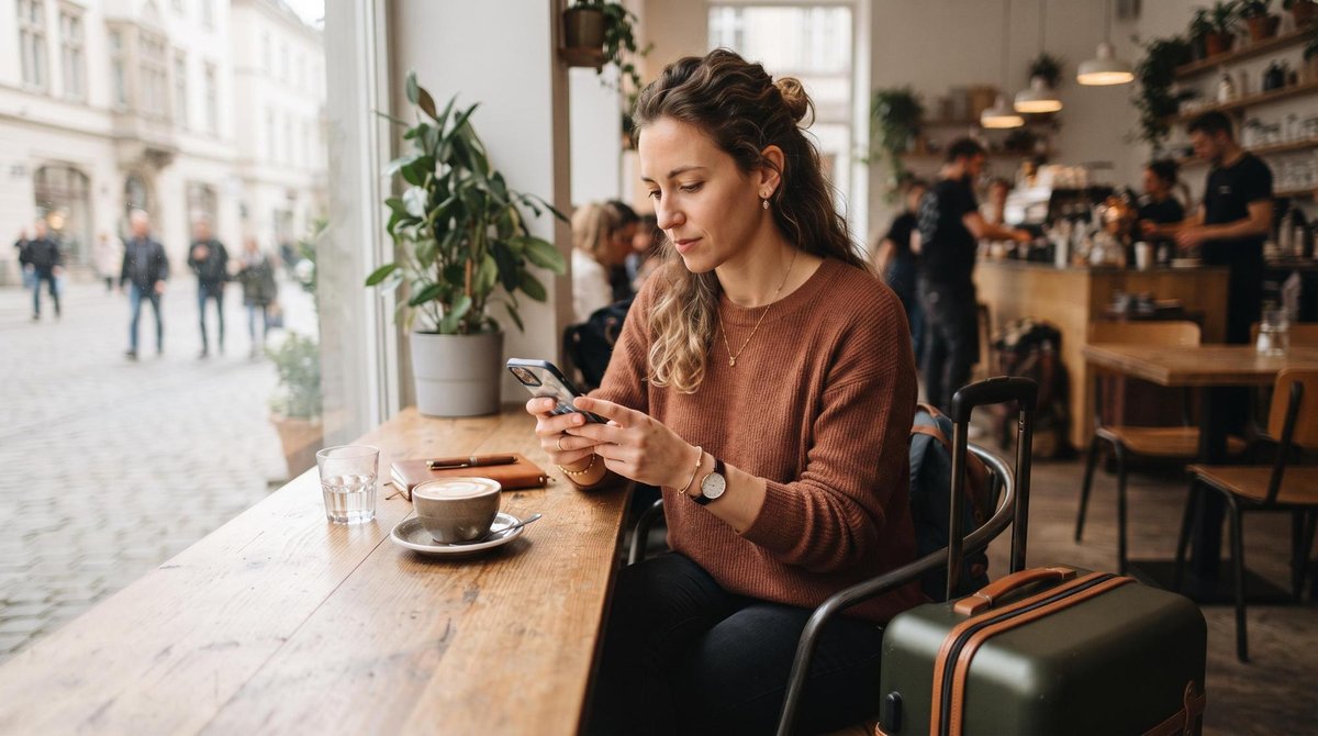 Una persona revisando su teléfono móvil en una cafetería moderna con una maleta de viaje al lado y una taza de café sobre la mesa, transmitiendo la ex