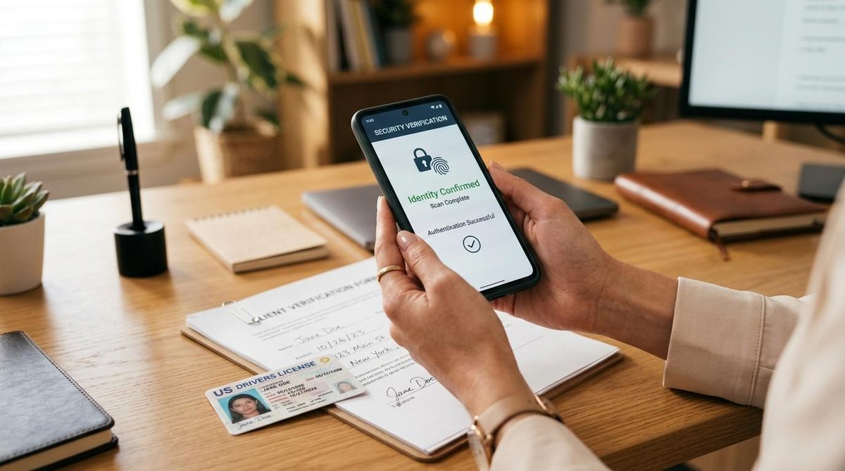 Primer plano de manos sosteniendo un teléfono celular que muestra una pantalla de verificación de seguridad, junto a una tarjeta de identificación y d