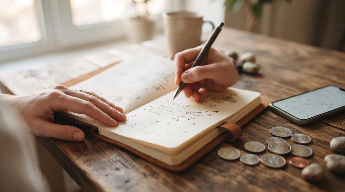 Primer plano de manos escribiendo metas y objetivos financieros en una libreta abierta junto a un smartphone y monedas sobre una mesa de madera, ilumi