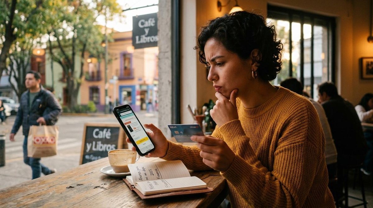 Persona con expresión pensativa mirando su teléfono móvil mientras sostiene una tarjeta, representando el dilema entre el gasto impulsivo y las metas