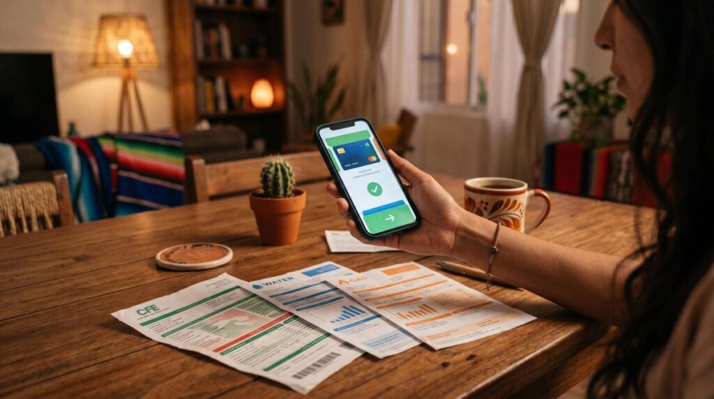 Persona configurando pagos automáticos de servicios del hogar en su smartphone con una app de pagos