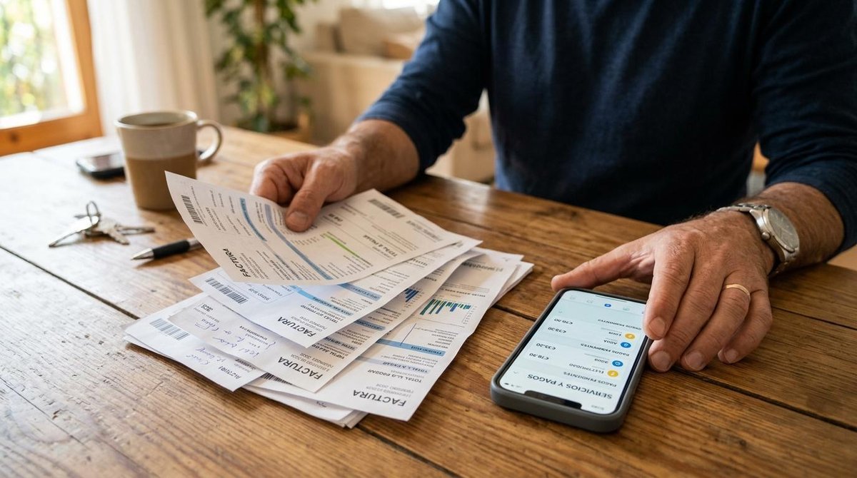 Manos sosteniendo recibos de servicios del hogar junto a un teléfono celular con una app de pagos abierta, sobre una superficie de madera con luz natu