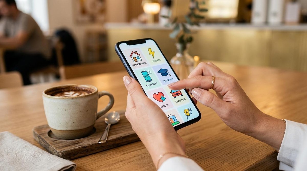 Primer plano de manos usando un smartphone para navegar por categorías de servicios en una aplicación de pagos, con una taza de café al lado y un ambi