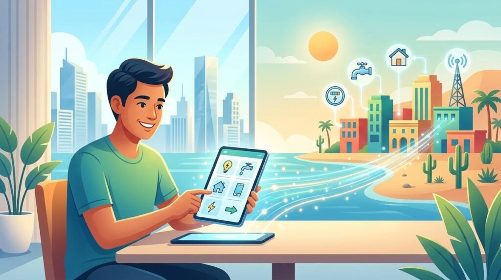 Persona revisando el estado de sus cuentas de servicios en México desde una laptop en el extranjero