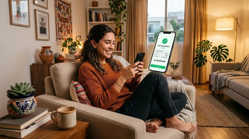 Persona revisando opciones de transferencia en la app de Mercado Pago para pagar la renta mensual desde su celular