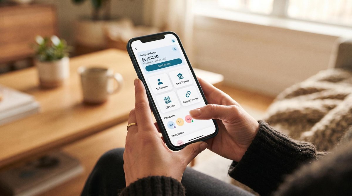 Primer plano de manos sosteniendo un teléfono móvil que muestra la interfaz de una aplicación de pagos digitales en la pantalla, con el menú de opcion