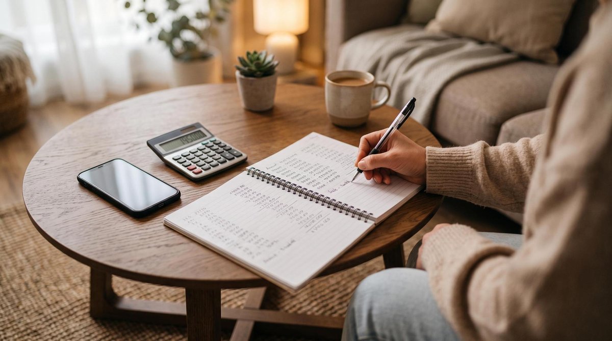 Vista superior de una mesa de café con un teléfono celular, una libreta abierta con anotaciones de números de cuenta y una calculadora