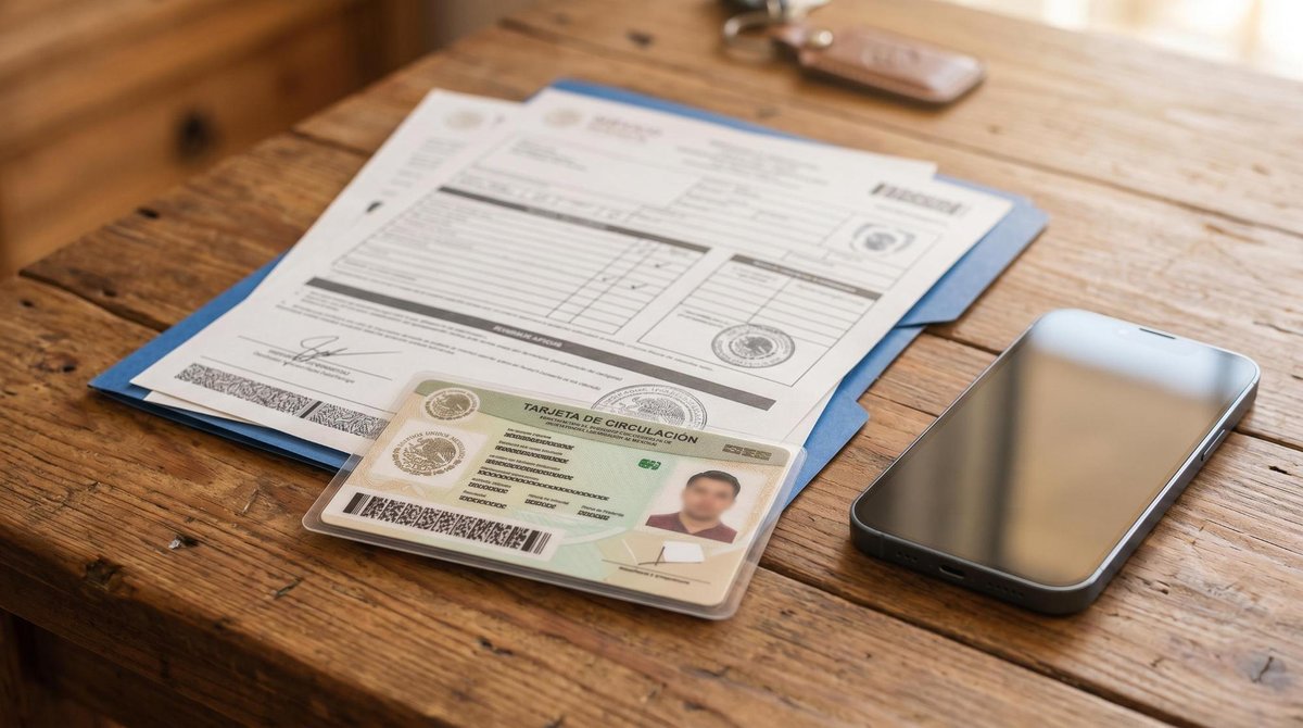 Vista cercana de una tarjeta de circulación y documentos oficiales de un automóvil sobre una mesa de madera, acompañados de un teléfono móvil, tonos c