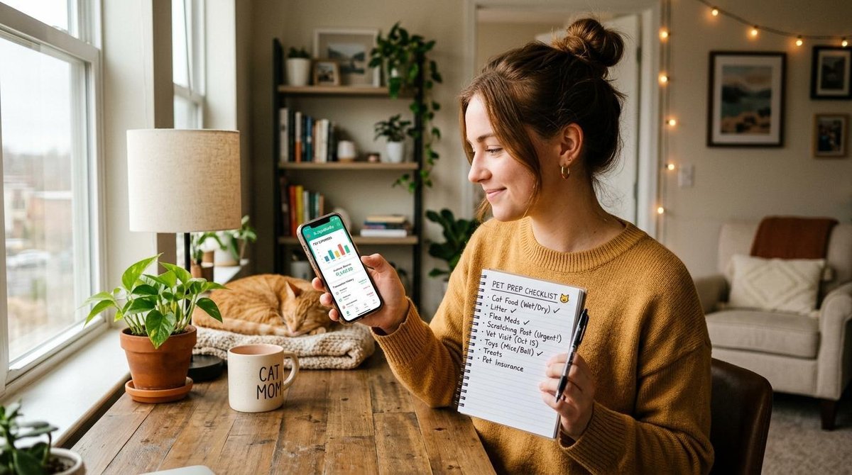 Una persona joven revisando su teléfono móvil con una aplicación de finanzas personales mientras sostiene una lista de verificación de artículos para