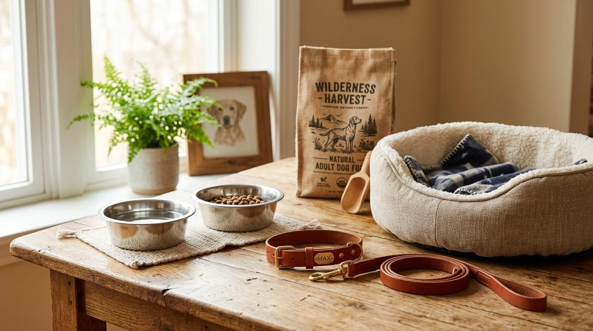 Una disposición ordenada sobre una mesa de madera con artículos esenciales para mascota: platos de acero, collar con correa, cama suave y bolsa de ali