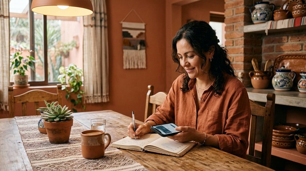 Persona adulta utilizando su teléfono móvil para gestionar cobros digitales mientras toma notas en una libreta, sentada en una mesa de cocina con deco