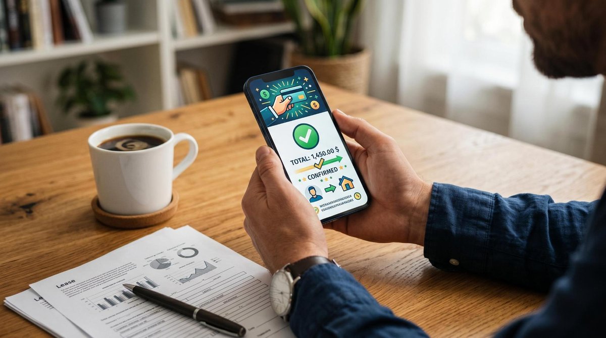 Manos sosteniendo un smartphone mostrando una pantalla de confirmación de transferencia exitosa, sobre una superficie de madera con una taza de café y