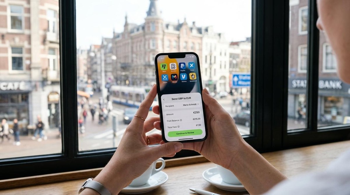 Manos sosteniendo un smartphone mostrando aplicaciones de transferencia de dinero en la pantalla, con un fondo difuminado de una ciudad extranjera vis