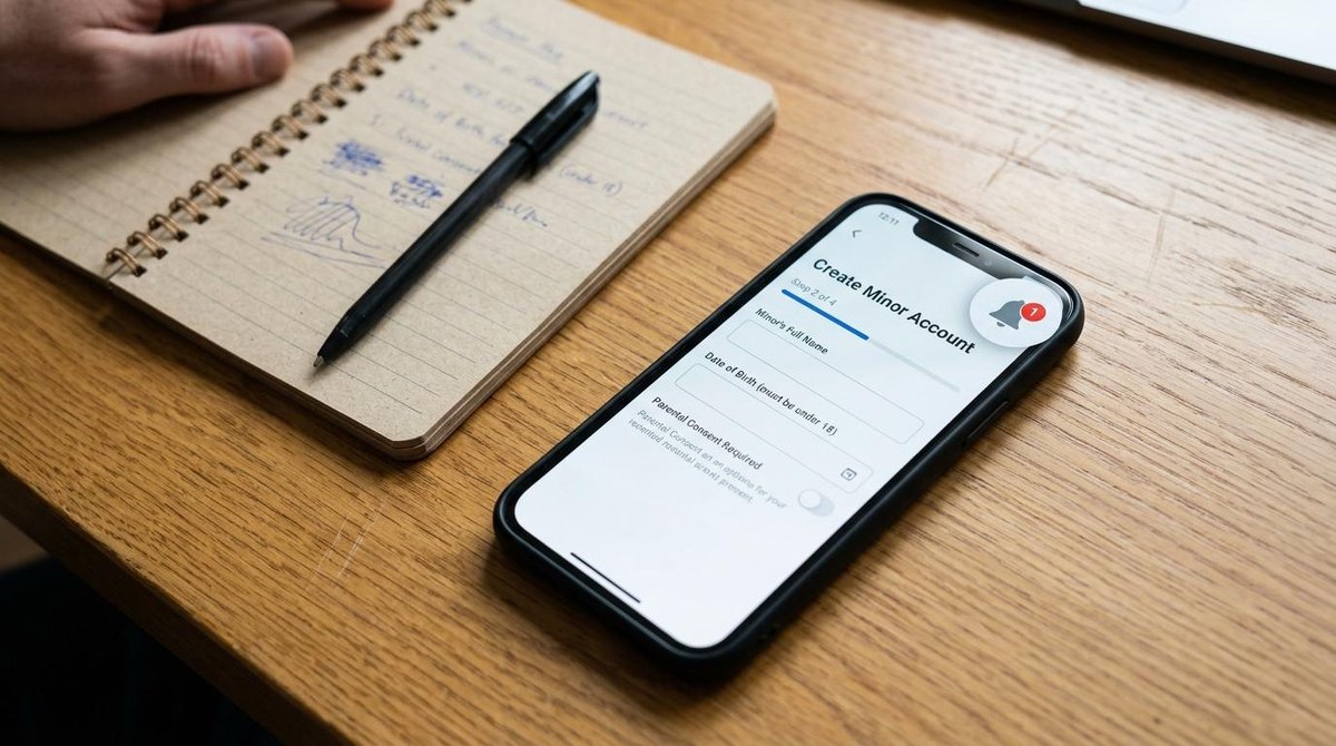 Persona configurando una cuenta para un menor de edad desde un dispositivo digital.