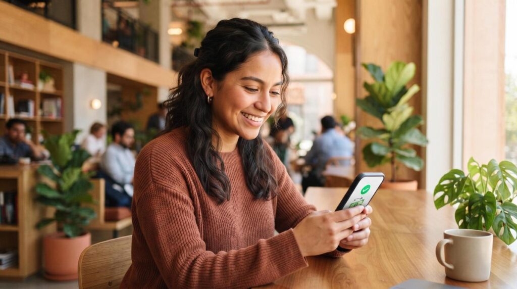 Persona revisando en su celular las opciones para recibir pagos internacionales en una app de remesas