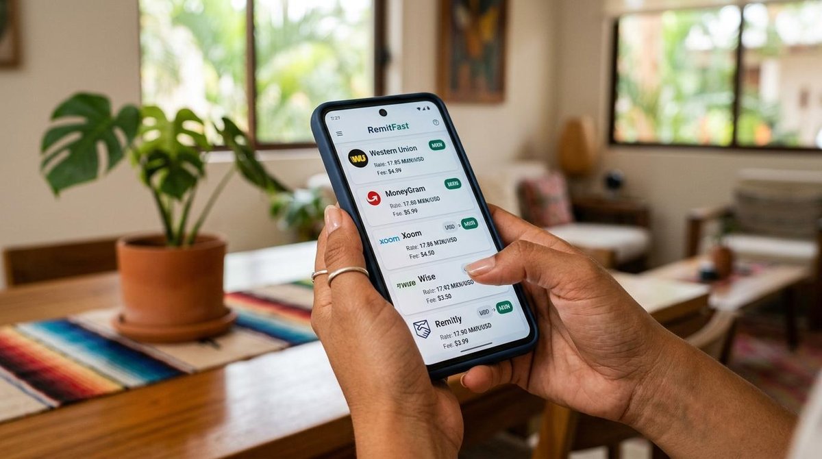 Primer plano de manos sosteniendo un teléfono móvil donde se muestran varias opciones de servicios de remesas internacionales en la pantalla, con un f