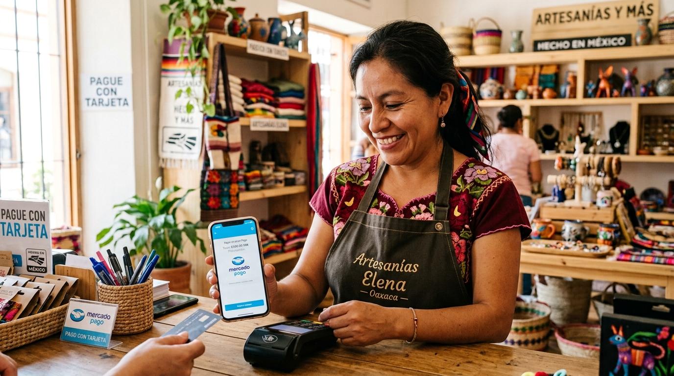 Una pequeña empresaria mexicana sonriendo mientras usa su smartphone para procesar un pago digital en su tienda local, con un ambiente acogedor