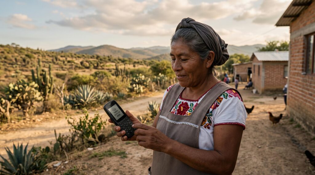 Persona marcando un código USSD en un teléfono básico para acceder a servicios financieros sin internet