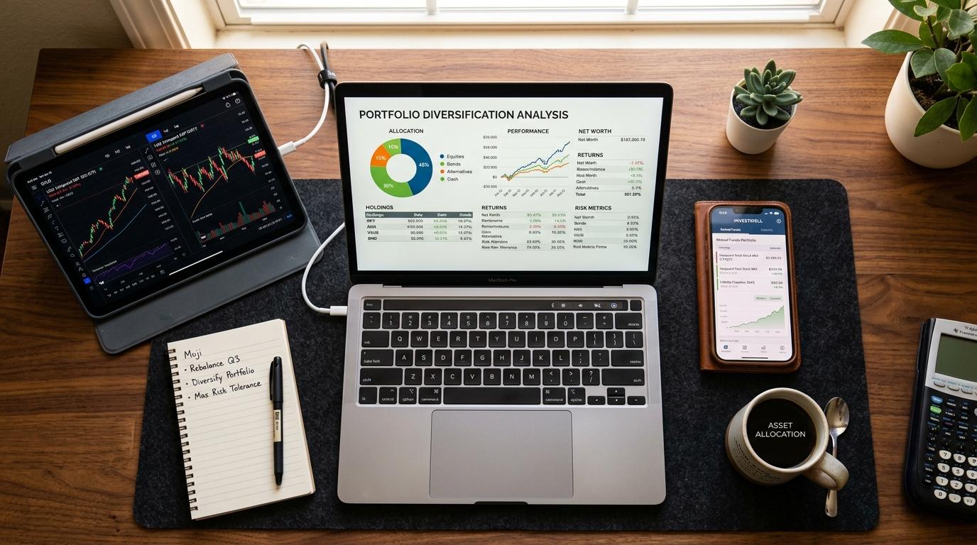 Escritorio con laptop, tablet, cuaderno y teléfono mostrando gráficos financieros y análisis de portafolio