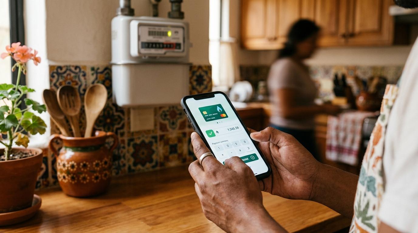 Persona usando aplicación móvil en cocina con medidor de gas y utensilios visibles al fondo