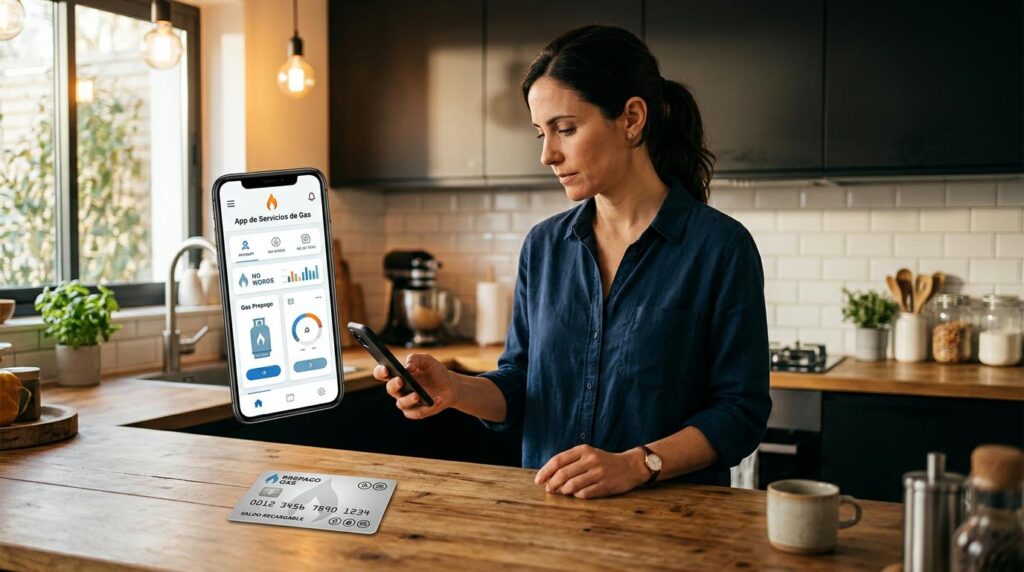 Persona sosteniendo su celular mientras consulta opciones para recargar tarjeta de gas desde una app de servicios