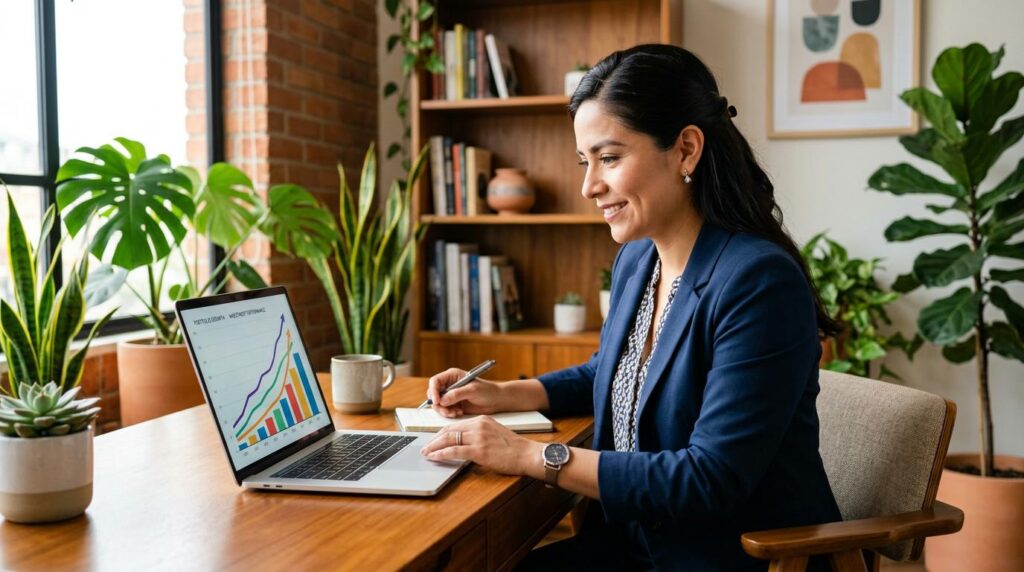 Persona revisando proyecciones de inversión en una laptop mientras toma notas sobre rendimientos combinados
