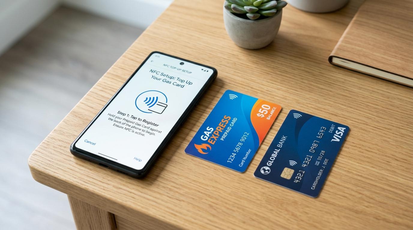 Un smartphone sobre una superficie limpia mostrando la pantalla de configuración NFC activada, junto a una tarjeta de gas prepago y una tarjeta bancaria.