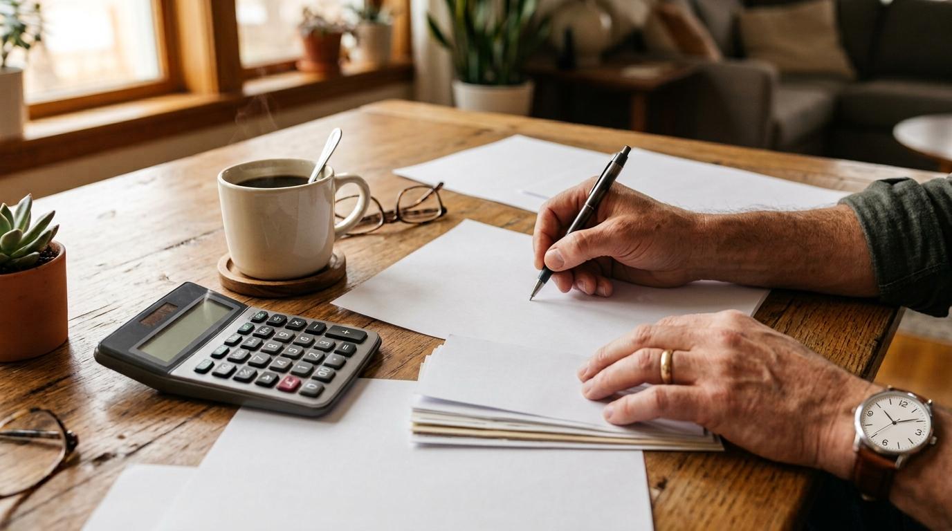 Persona escribiendo en papeles sobre mesa de madera con calculadora y taza de café