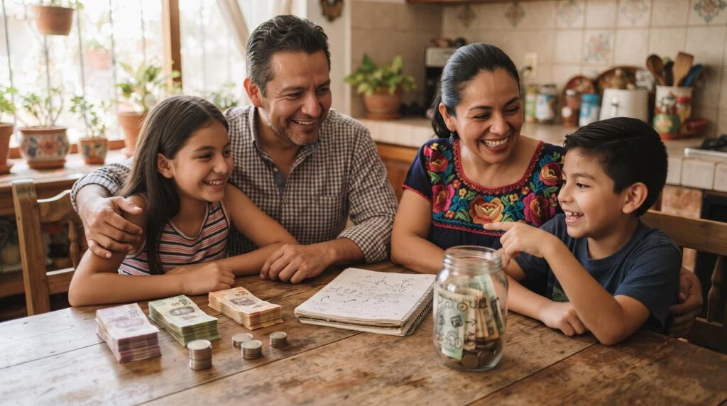 Familia sentada alrededor de una mesa revisando juntos un plan de ahorro familiar en papel