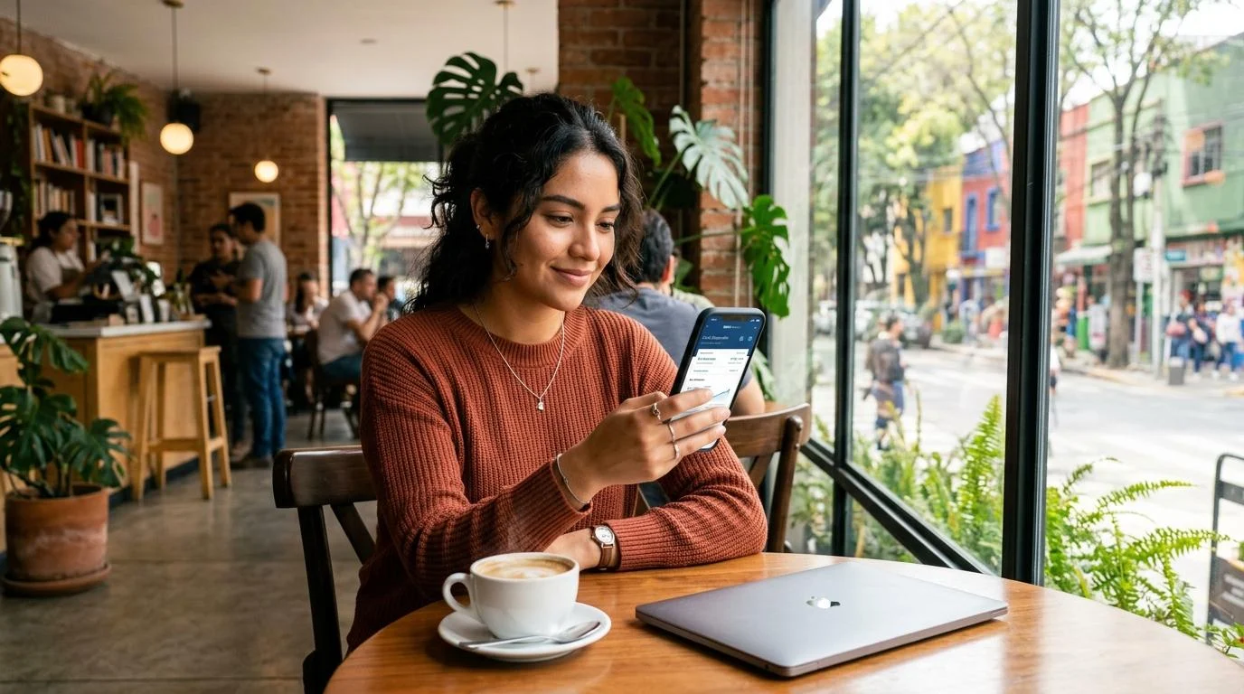 Persona joven latina sentada en una cafetería moderna de Ciudad de México revisando su aplicación financiera en el teléfono celular con actitud tranqu