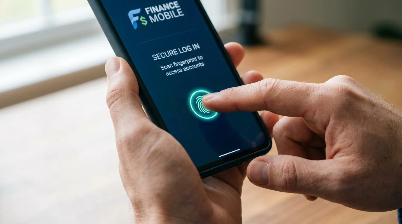 Primer plano de un dedo colocándose sobre el sensor de huella digital de un smartphone moderno para desbloquear una aplicación financiera, con luz nat