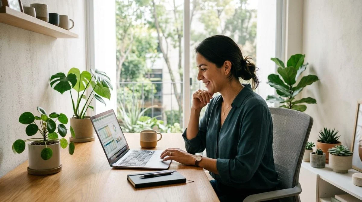 Una persona profesional revisando su presupuesto en una laptop moderna en un espacio de trabajo minimalista con plantas decorativas, luz natural suave
