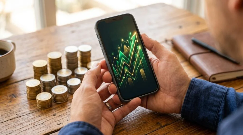Persona revisando opciones de carteras digitales que generan rendimientos en su teléfono celular