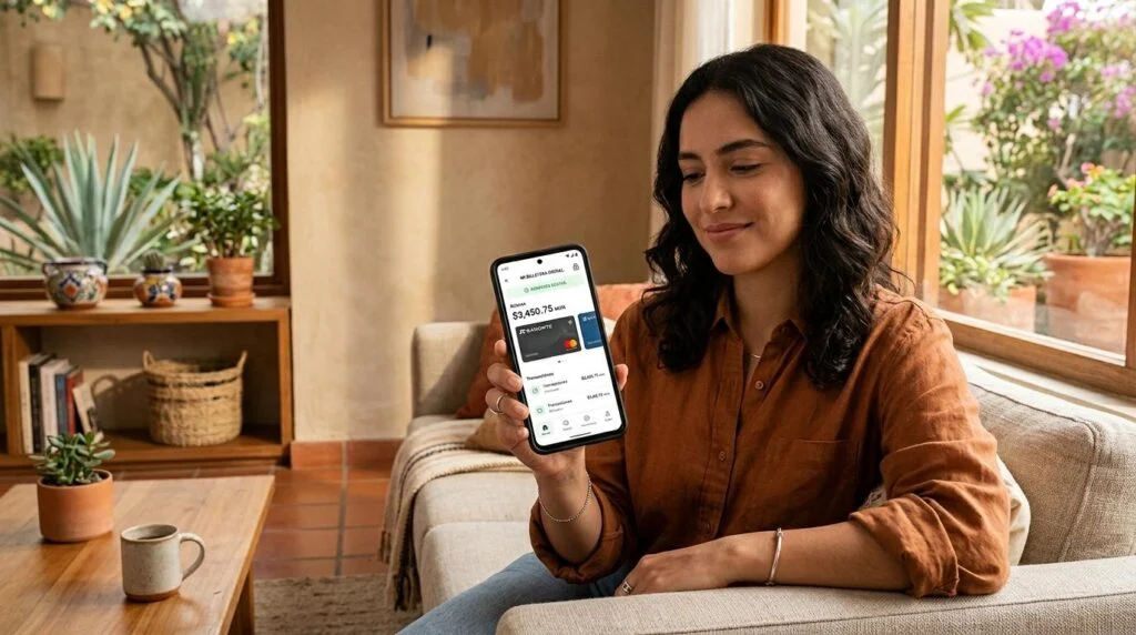 Persona revisando el saldo de su cartera digital en un smartphone con pantalla de inicio de sesión biométrica