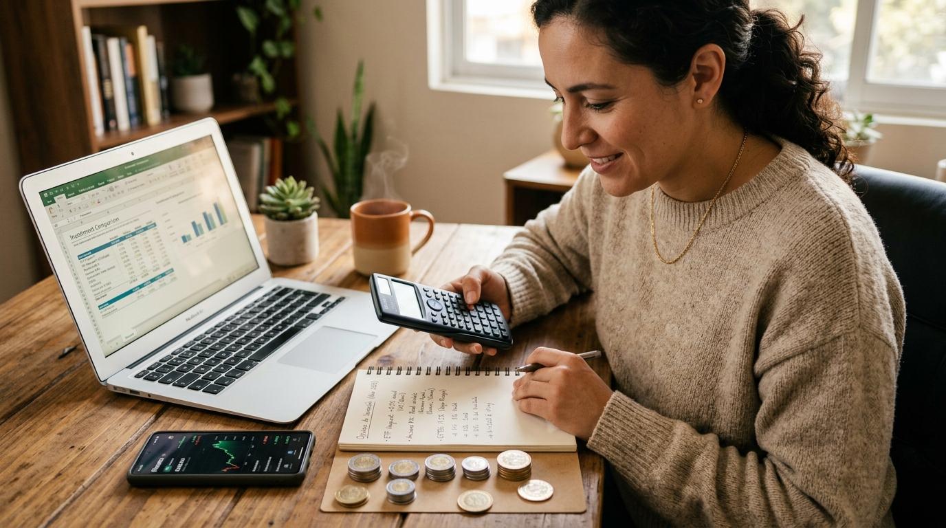 Escritorio de madera con una laptop abierta, un smartphone, monedas mexicanas ordenadas y una libreta con notas manuscritas, mientras una persona comp
