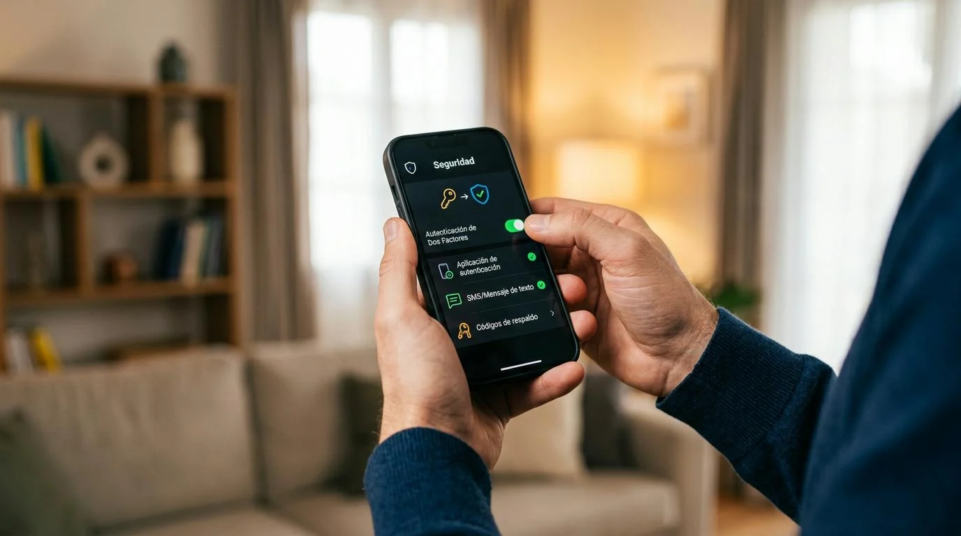 Manos sosteniendo un teléfono móvil mostrando la pantalla de configuración de seguridad con opciones de autenticación de dos factores activadas, fondo