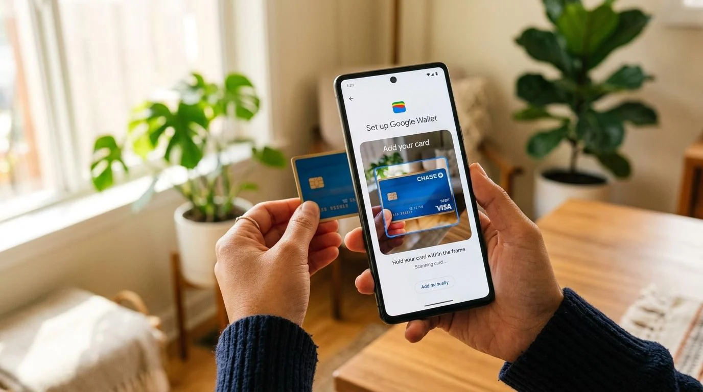 Manos sosteniendo un teléfono Android con la pantalla mostrando una interfaz de configuración de billetera digital, con luz natural cálida entrando po