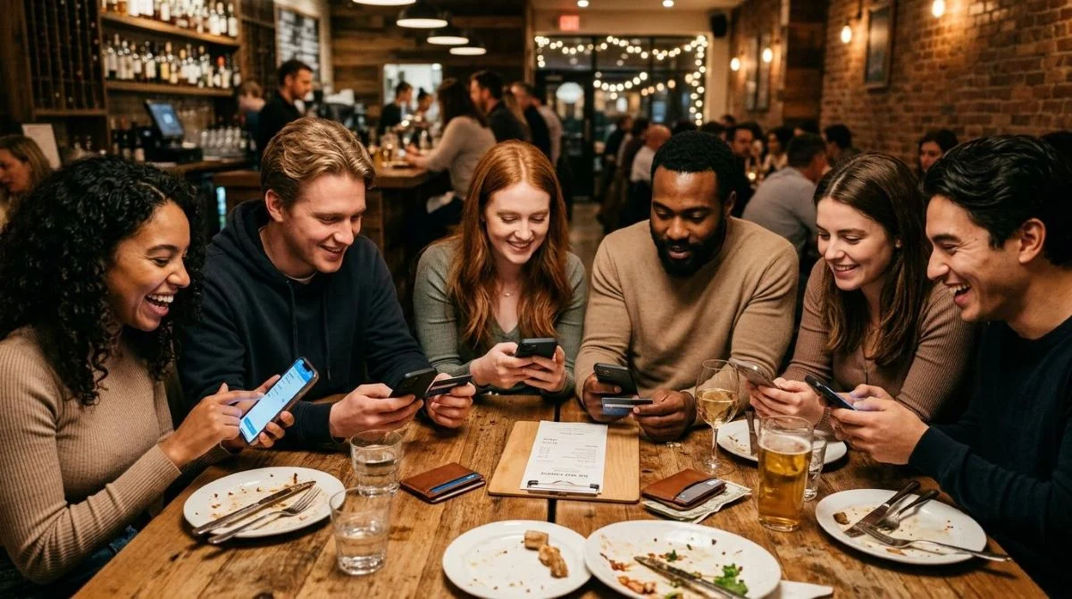 Grupo de amigos jóvenes en un restaurante revisando sus teléfonos mientras dividen la cuenta de la comida, ambiente cálido y distendido