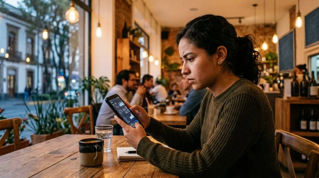 Persona revisando opciones de cartera digital en su smartphone antes de tomar una decisión de adopción