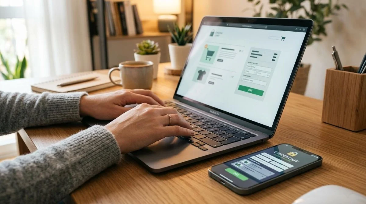 Primer plano de manos escribiendo en un teclado de laptop y un teléfono móvil mostrando una página de pago en línea