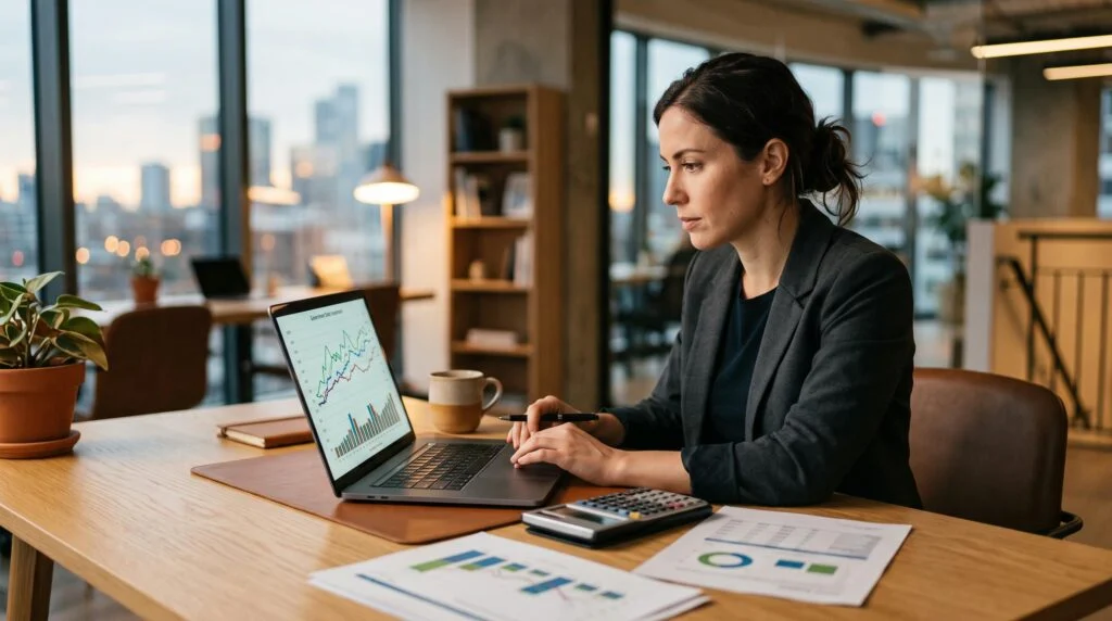 Persona revisando opciones de fondos de deuda gubernamental en una laptop con gráficas financieras en pantalla